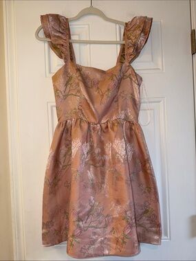 NWT Sugarlips Rose Pink Bird Floral Ruffle-Shoulder Mini Dress S